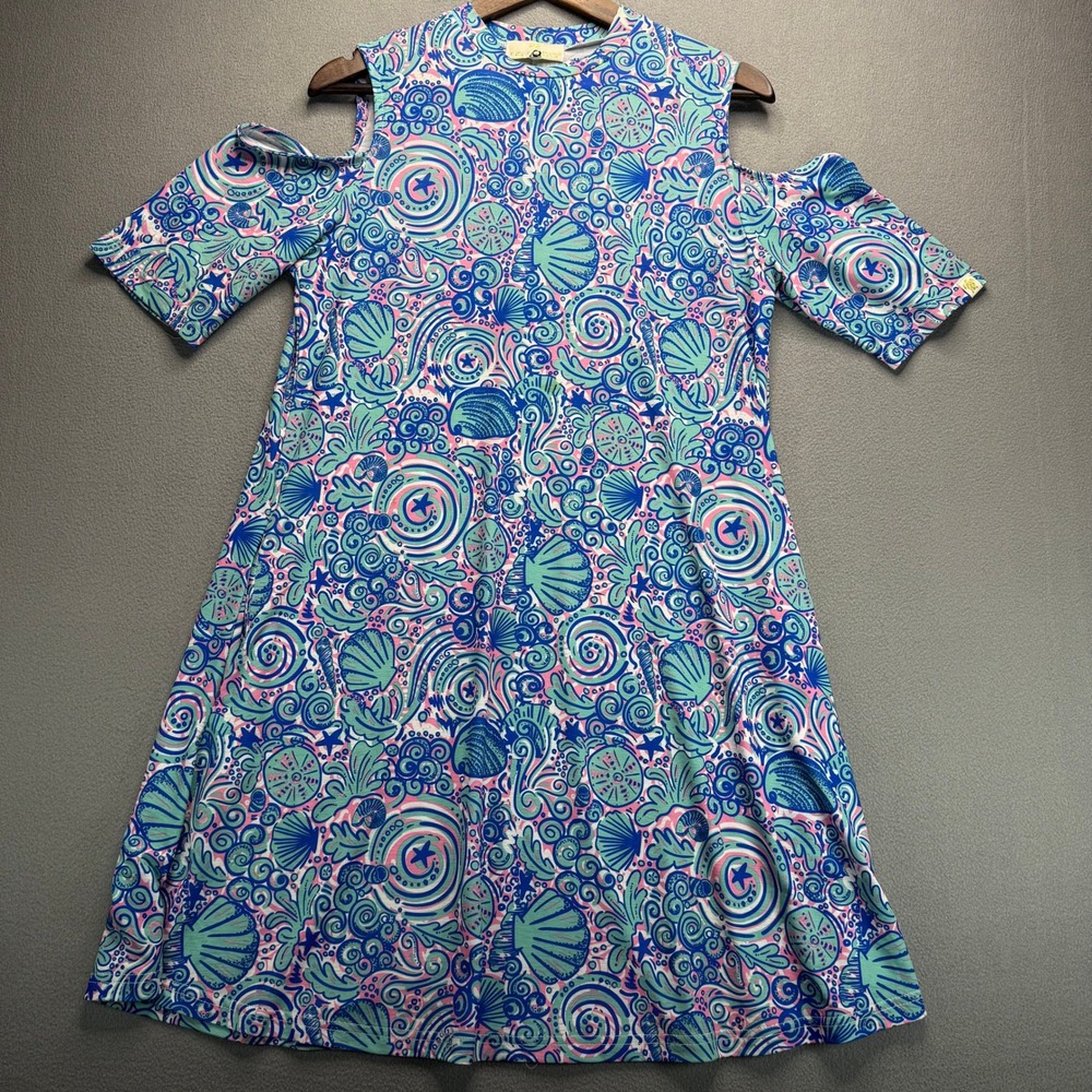 Simply Southern Dress Womens M Blue Pink Seashell Cold Shoulder Coastal Preppy